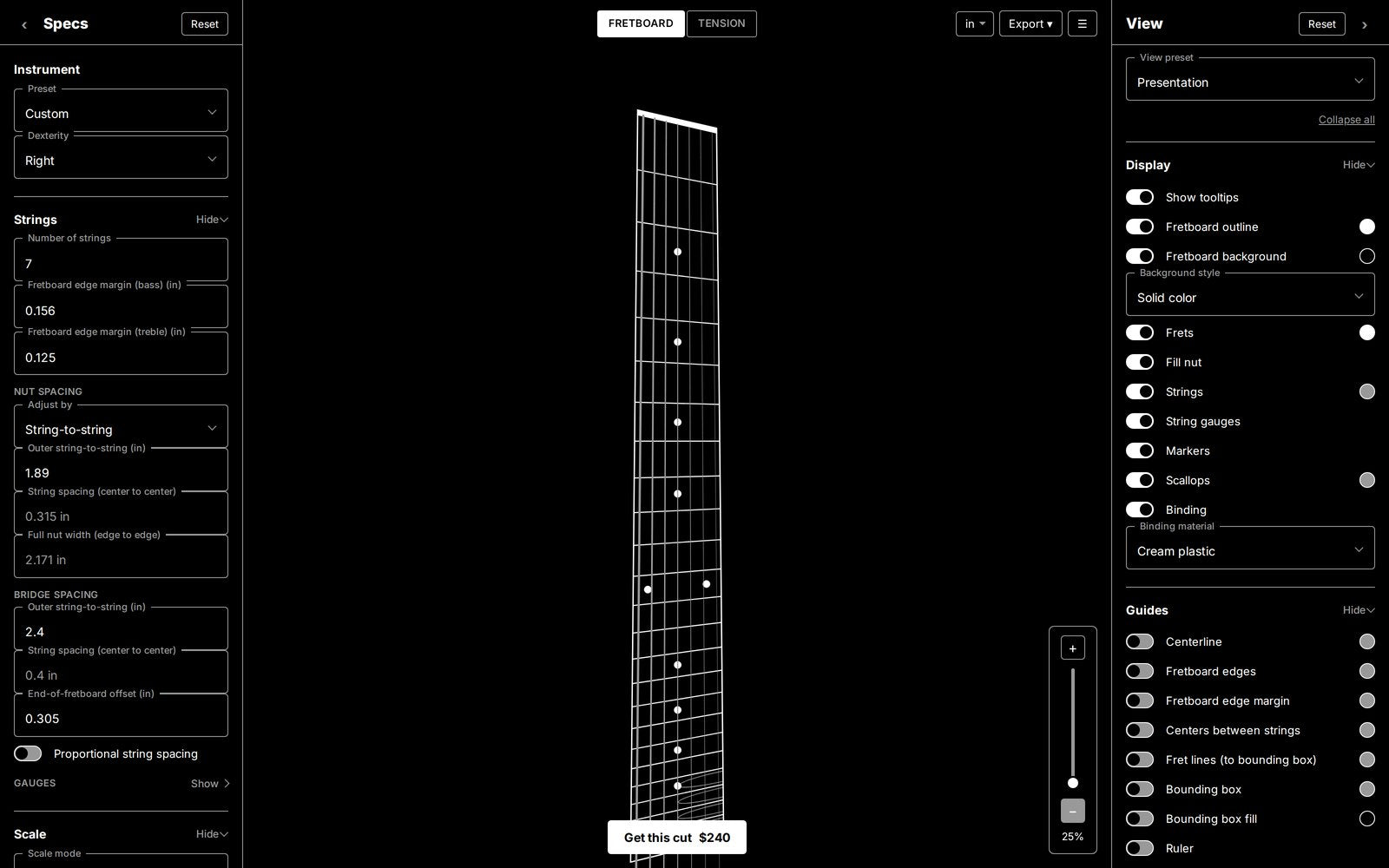 Custom Fretboard Builder rendering a fretboard with fret lines, strings, markers and radius cross-sections